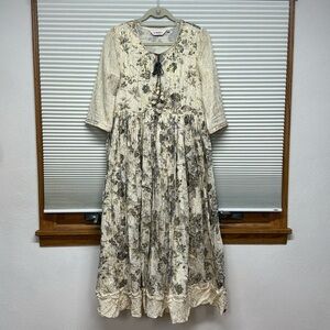 Biba Cream Gray Floral Gold Foil Cotton Indian Ethnic Wear Midi Dress